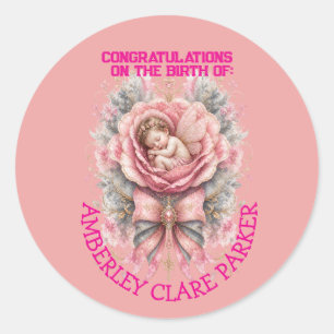 Grattis Bebis Ängelflicka Rosa Ros Födelse Runt Klistermärke