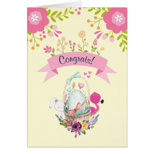 Grattis Bebis - Blommor, Ett Ägg, Flamingo & Kanin Hälsningskort