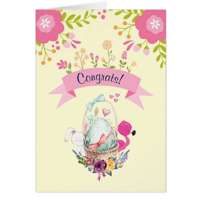 Grattis Bebis - Blommor, Ett Ägg, Flamingo & Kanin Hälsningskort (Framsidan)