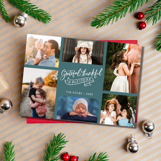 Grattis, blankt familjefotokaler Pets-jul Julkort (Grateful Blessed Family Photo Teal Plaid Christmas Holiday Card)