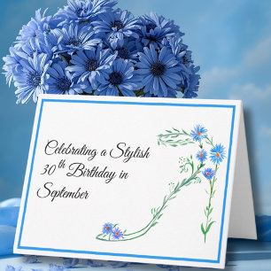 Grattis Blue Aster-blommor på 30-årsdagen Kort