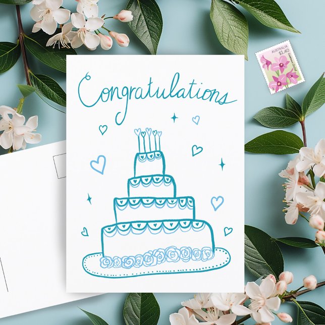 Grattis Bröllop Förlovning Sketch Doodle  Vykort (Congratulations Wedding Engagement Sketch Doodle Postcard Cake Whimsical)