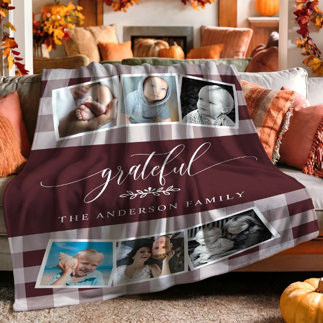 Grattis Burgundy Play Fall Family Photo Collage Fleecefilt (Skapare uppladdad)
