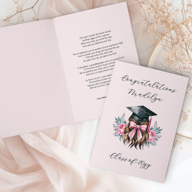 Grattis Dikt Femininingskap Kort (Graduation Congratulations Card for Female Graduate with Grad Cap, editable hair color and poem)