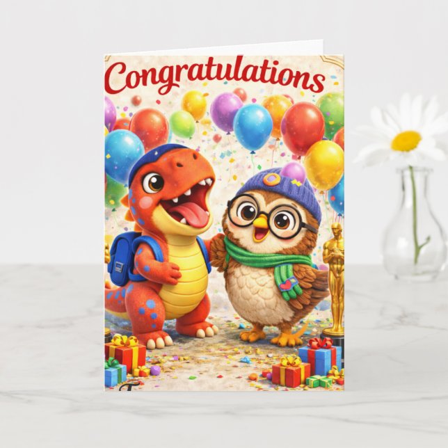 Grattis, dinosaurie och vår framgångs firande kort (Liten växt)