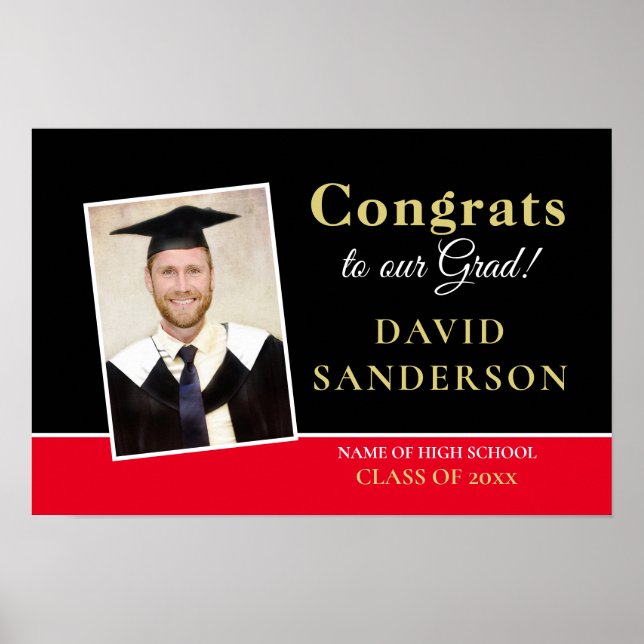 Grattis Exam Foto Namn Guld Vitt Svart Rött Poster (Framsidan)