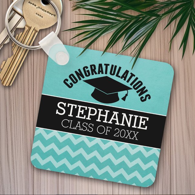 Grattis examen - Aqua svart examen Nyckelring (Personalized graduation keychain)