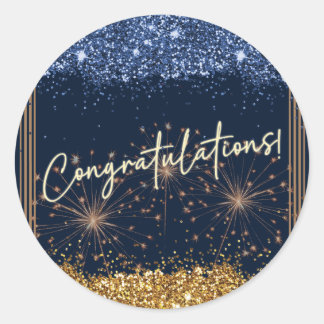 Grattis Examen Blå & Guld Glitter Runt Klistermärke