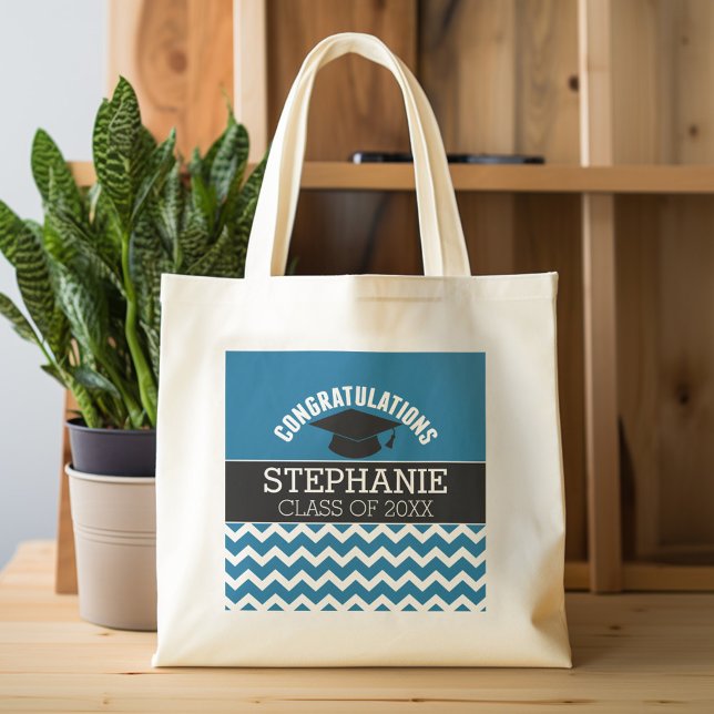 Grattis examen - Blå Svart Examen Tygkasse (Personalized tote bag with photos and custom text)