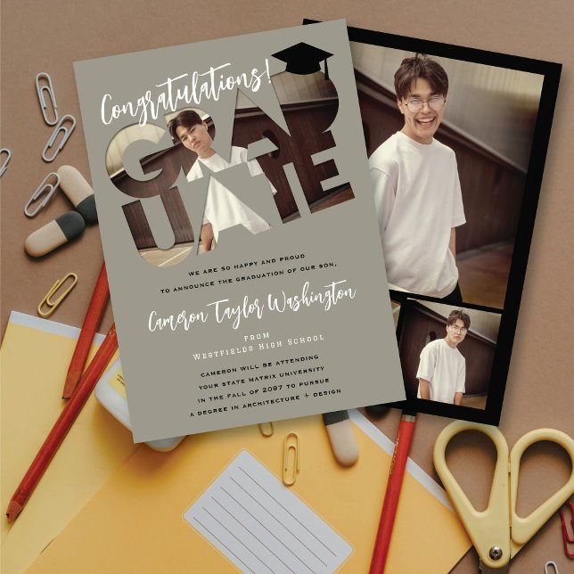 Grattis examen Grå utklippsbild Examen Inbjudningar (Congratulations! Graduate Grey Cutout Modern Photo Graduation Announcement Card @ fatfatin)