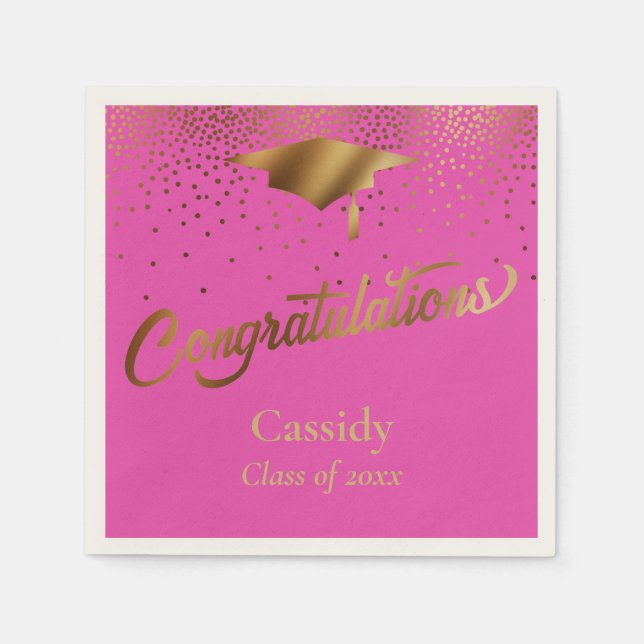 Grattis examen, klass guld och rosa pappersservett (Framsidan)