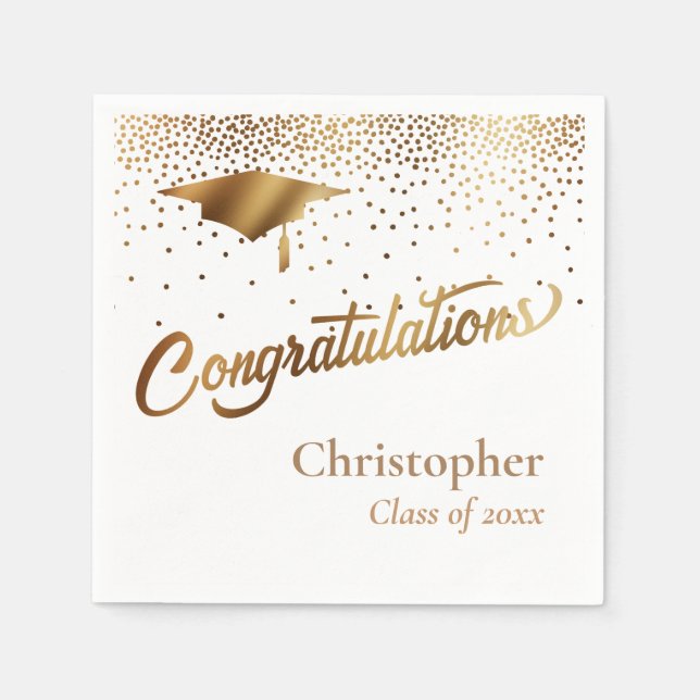 Grattis examen, klass guld på vit pappersservett (Framsidan)