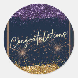 Grattis Examen Lila & Guld Glitter Runt Klistermärke
