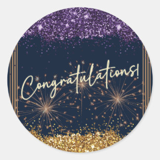 Grattis Examen Lila & Guld Glitter Runt Klistermärke