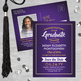 Grattis examen Lila och Guld Spara datum Foto Meddelande Vykort