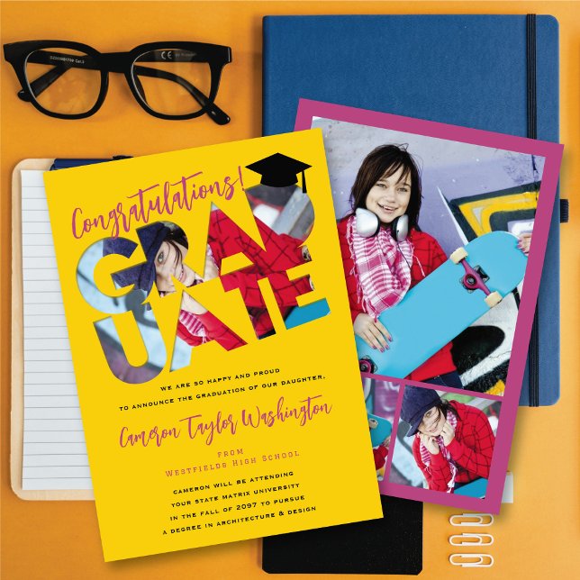 Grattis examen Utsnitt Foto Examen Inbjudningar (Congratulations! Graduate Yellow Cutout Modern Photo Graduation Announcement Card @ fatfatin)