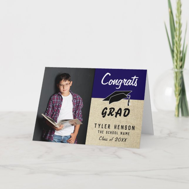 Grattis Examensblå Rustik Fotografi Examens Kort (Framsida)