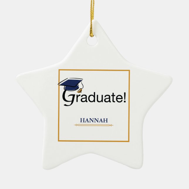 Grattis examenstudent, hatt, tofs, blå, guld julgransprydnad keramik (Framsidan)