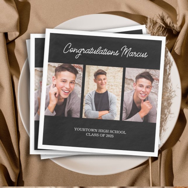 Grattis examenstudent Svart 3 Foto Fest Pappersservett (3-photo black and white graduation paper napkins.)