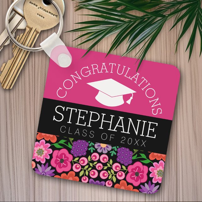 Grattis Examina Glada Blommor Examen Nyckelring (Personalized keychain - Congratulations Graduate)