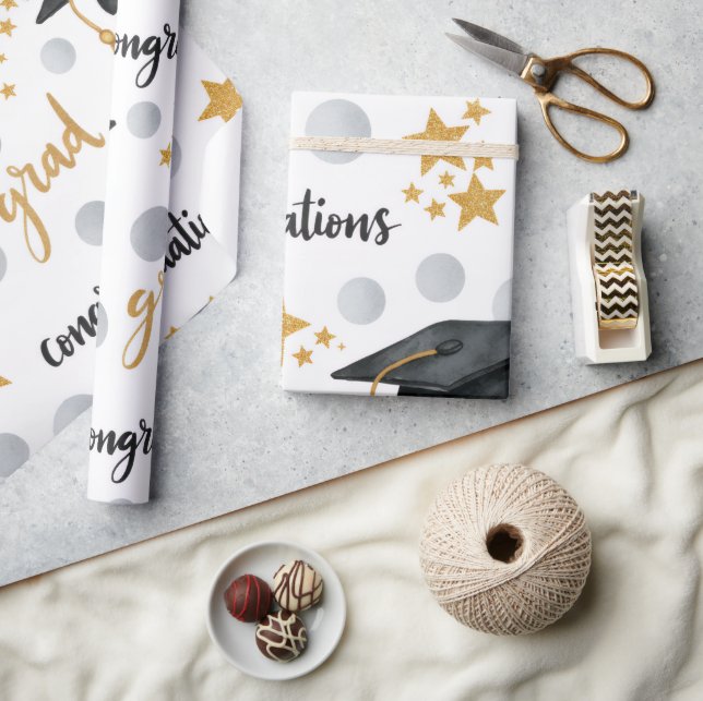 Grattis Examinerad Guldstjärnor Grå Prickar Modern Presentpapper (Hantverk)