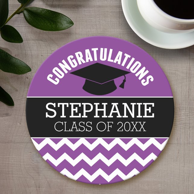 Grattis Examinerad - Lila Svart Examen Underlägg Papper Rund (Personalized coaster - Graduation Party)