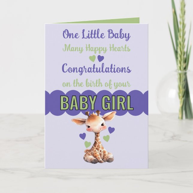 Grattis flicka gullgiraffe lila kort (Framsida)