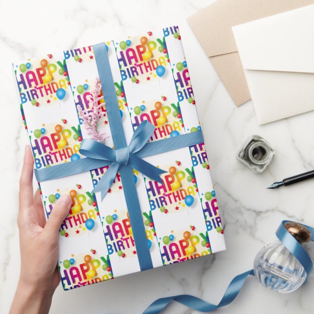 Grattis födelsedag ballonger på vit presentpapper (Gifting)