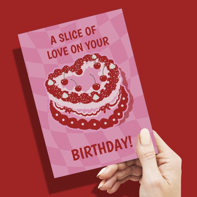 Grattis Födelsedagskort Tårta Hjärta Körsbär Vykort (Happy Birthday Cake Postcard Heart Cherries)