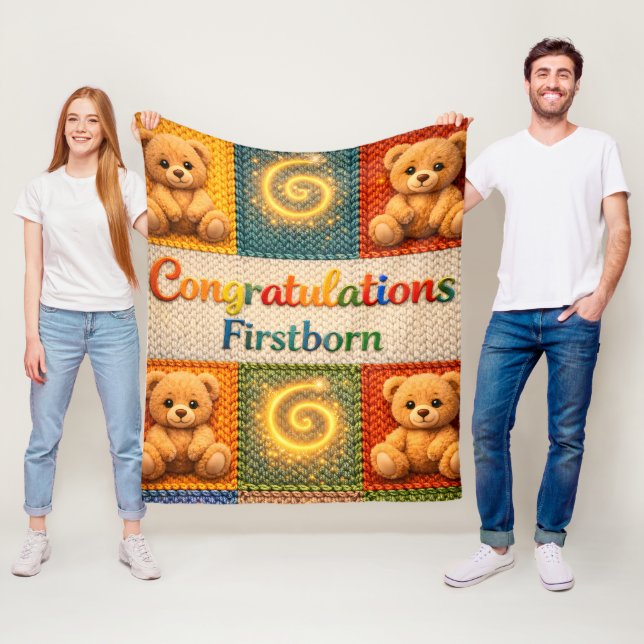 Grattis, förstfödd mysig stickad stil teddy fleecefilt (På plats)