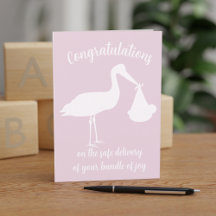 Grattis Girl Baby Modern Rosa Stork Card