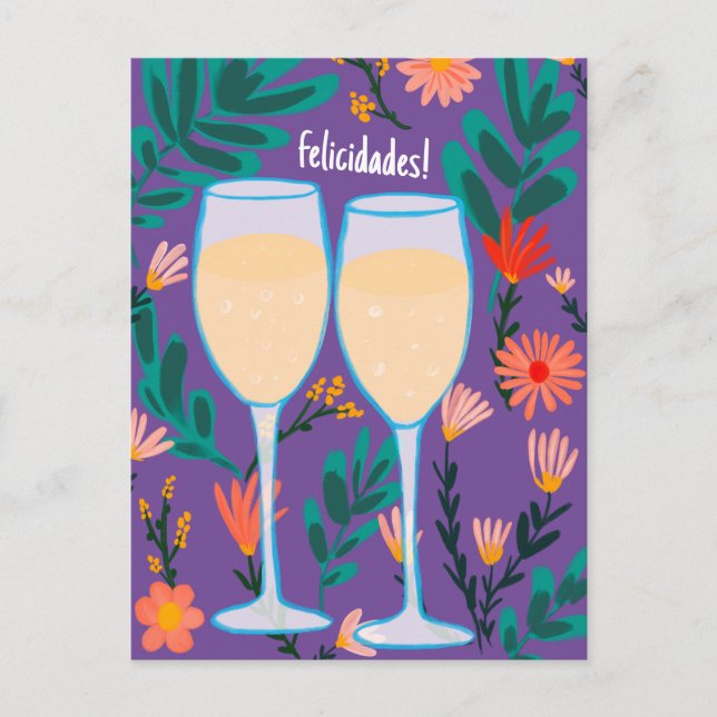 Grattis Gnistrande Vin Champagne Blommig Skål Vykort (Framsida)