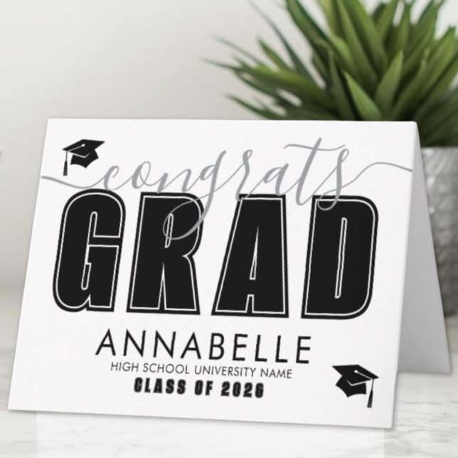 Grattis Grad Black White Studenten Kort (Congratulations Grad Black White Graduation Card)