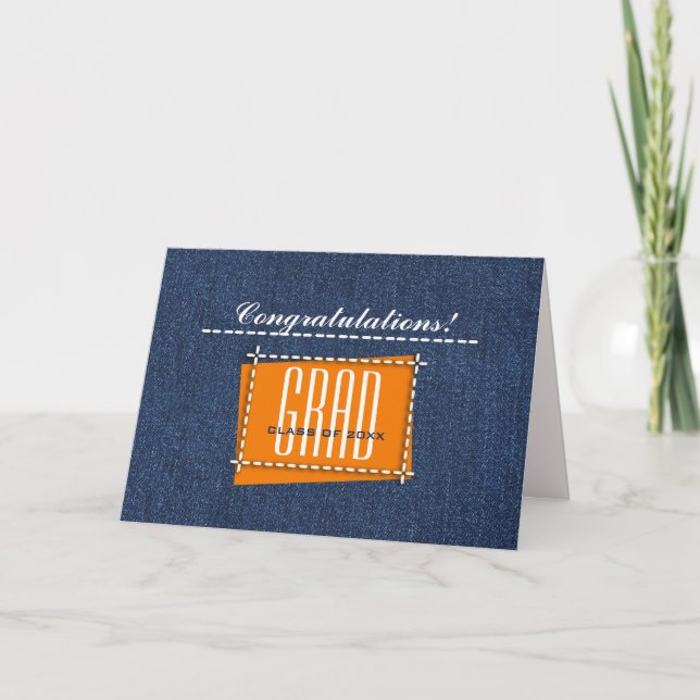 Grattis Grad. Denim Mönster Anpassningsbar Card Kort (Framsida)
