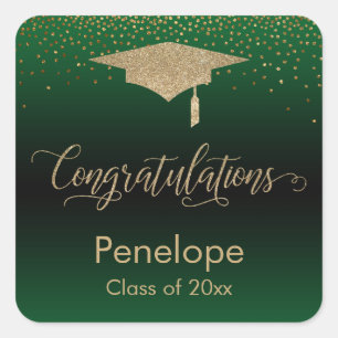 Grattis Guld Confetti Studenten Grönt Fyrkantigt Klistermärke