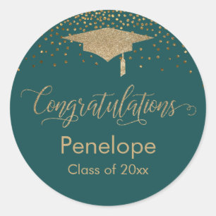 Grattis Guld Confetti Studenten Teal Runt Klistermärke