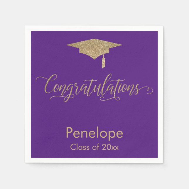 Grattis Guld Glitter Studentmössa Lila Pappersservett (Framsidan)