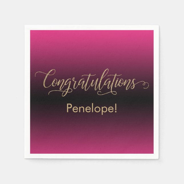 Grattis Guld Glitter Varm Rosa Svart Ombre Pappersservett (Framsidan)