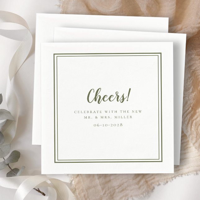 Grattis herr fru Bröllop Modern Rustik Olivgrön Pappersservett (Cheers Mr & Mrs Wedding Modern Rustic Olive Green Napkins)
