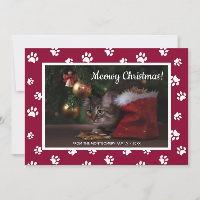 Grattis jul! Sött vita tassavtryck Kattfoto Julkort (Framsida)