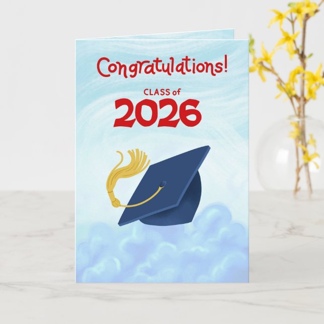 Grattis Klass 2026 Blå Examenståg Kort (Gul blomma)