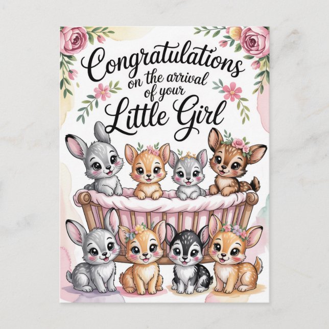 Grattis med ny lilla flicka och skogsdjur vykort (Framsida)