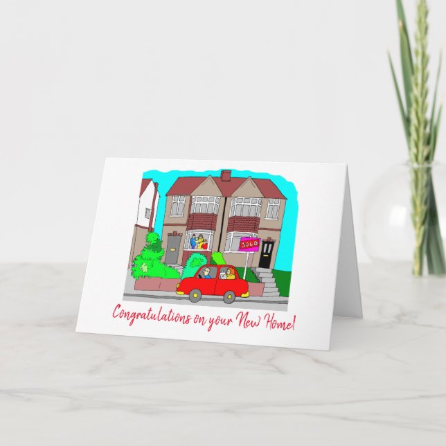 Grattis med nytt hem röd bil kort (Framsida)