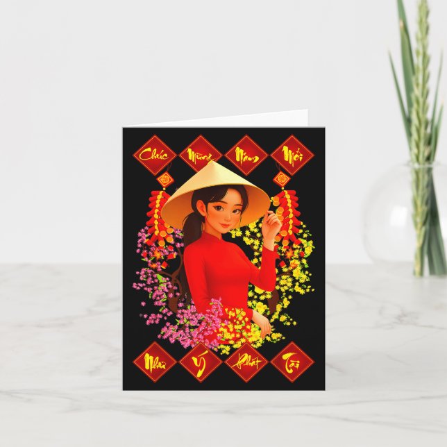 Grattis Nam Moi Tet Binh Ngo 2026 vietnamesisk tje Kort (Framsida)