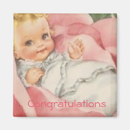 Grattis Ny Babyflicka Rosa Vintage Magnet