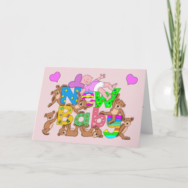 Grattis Nyfödd bebis flicka med Nalle bil Kort (Framsida)