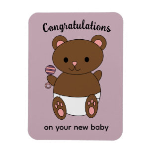 Grattis Nyfödd bebis Girl Bear Rosa Lila  Magnet