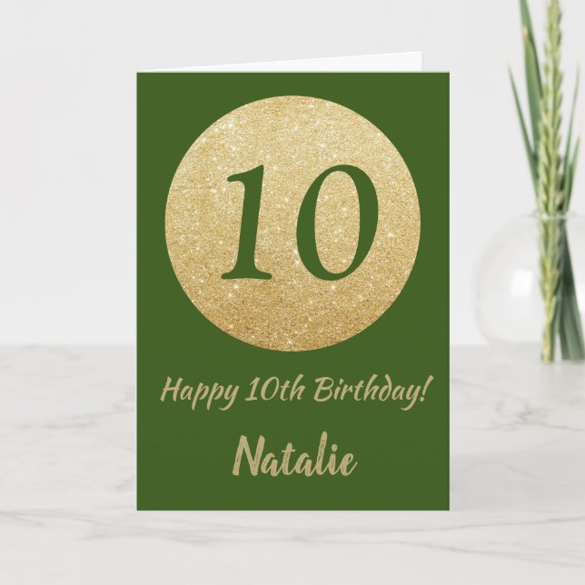 Grattis på 10-årsdagen Grön och guld glitterkort Kort (Framsida)