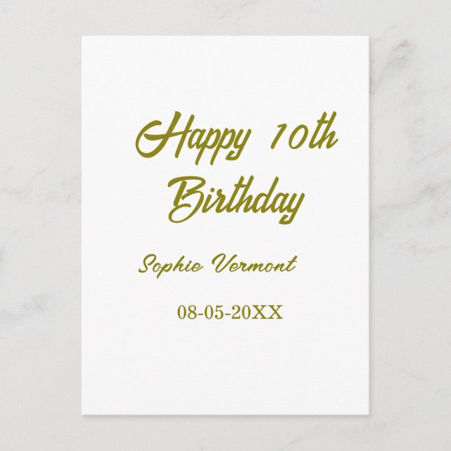 Grattis på 10-årsdagen namn datum gyllene enkel mi vykort (Framsida)