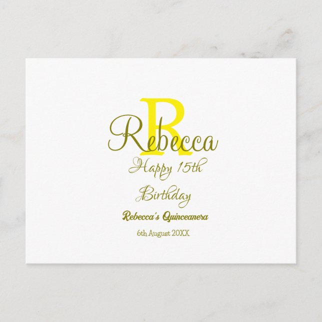 Grattis på 15-årsdagen gul namnteckning moder vykort (Framsida)